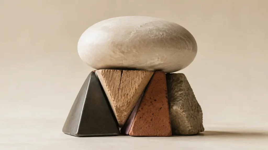 A polished stone rests on interlocking supports of wood, clay, metal and rough rock.