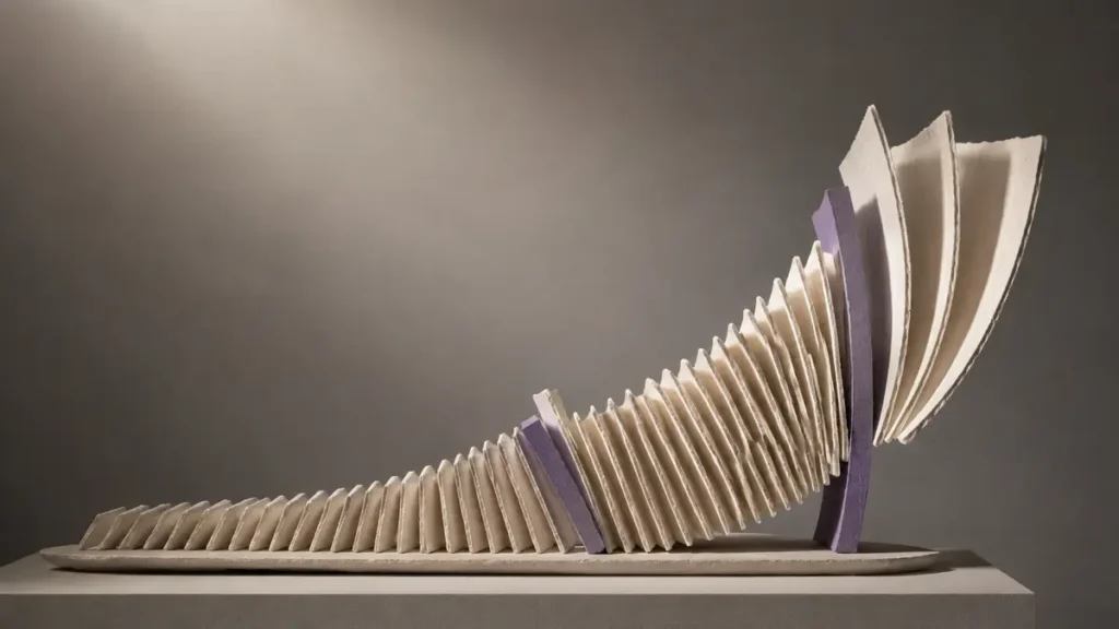 Ivory paper slabs rise into an arch, supported and redirected by two muted-purple pieces.