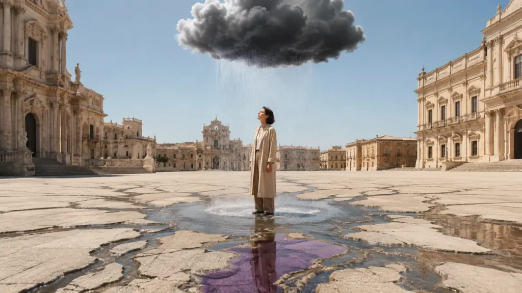 A lone adult stands beneath a private rain cloud in a sunny square, connecting inner anxiety with the social world.