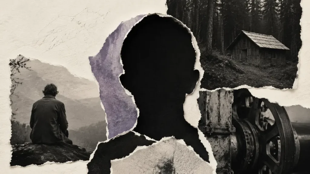 Torn archival fragments surround an empty head-shaped silhouette, exploring solitude, technology and the mystery of thought.
