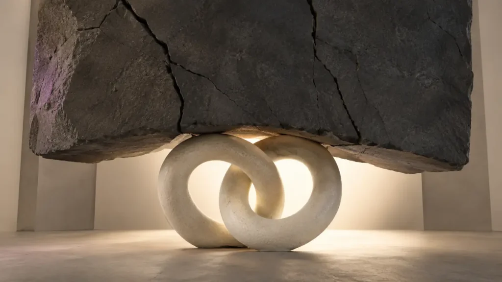 Two interlocked ivory rings lift a fractured charcoal slab toward light, symbolizing friendship, hope and redemption.
