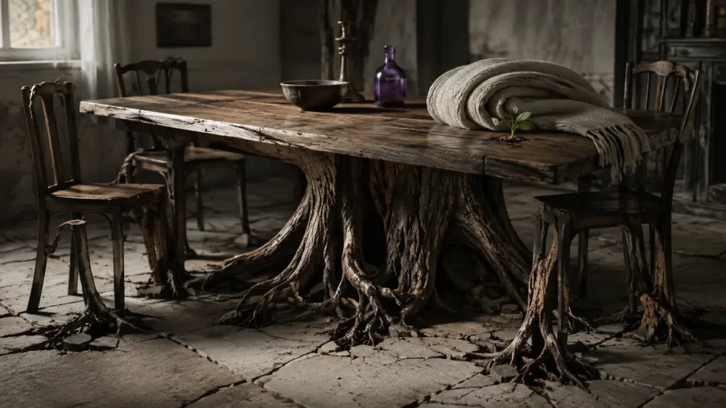 A family dining table grows tangled roots through a cracked floor, symbolizing inherited bonds, rupture and care.