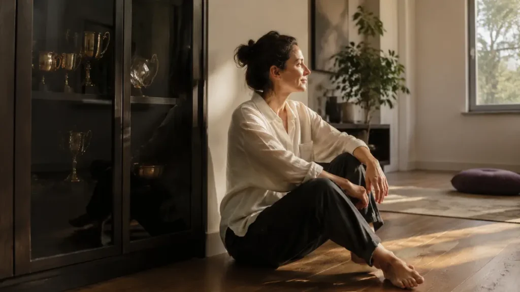 A woman rests in sunlight beside a cabinet of trophies, choosing inner peace over external measures of success.