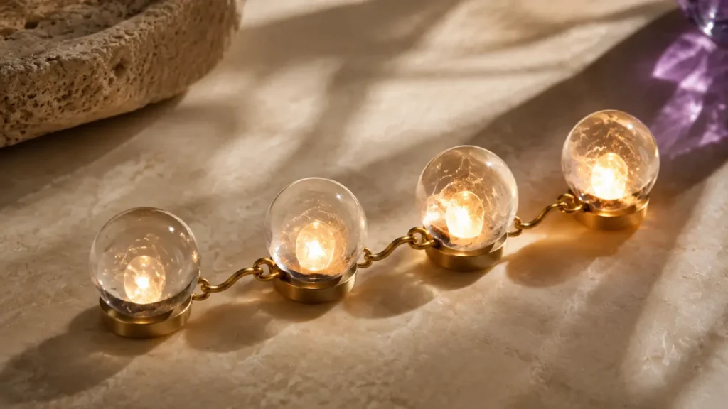 Four linked crystal spheres share a growing amber glow, representing happiness spreading through social connections.