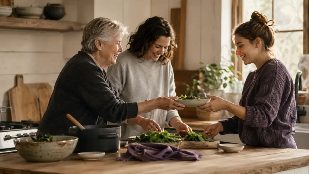 Three generations prepare a meal together in a warm kitchen, reflecting the lifelong value of close relationships.