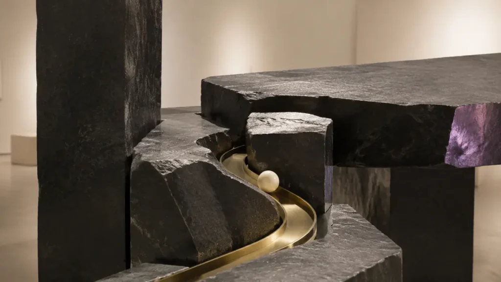 An ivory sphere follows a brass channel through charcoal blocks, showing personal agency constrained by larger forces.