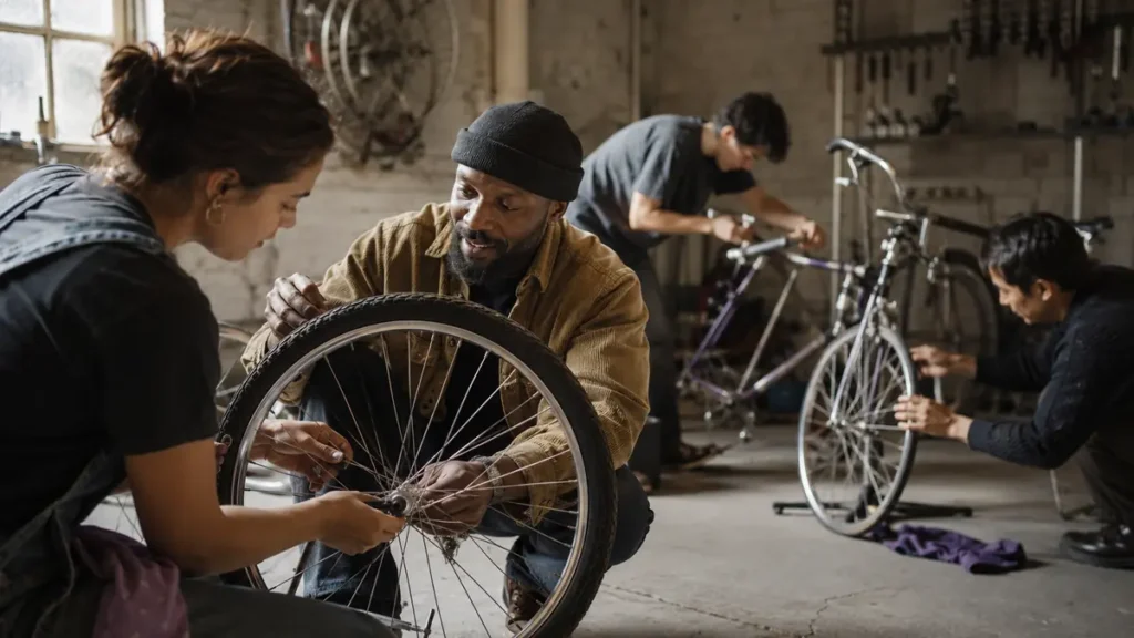 Adults repair bicycles together in a community workshop, reflecting engagement, connection, purpose and accomplishment.
