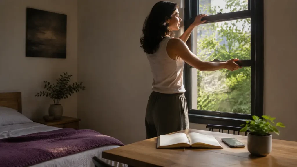 An adult opens a window beside a blank journal, dark phone and potted plant, choosing habits that nurture happiness.