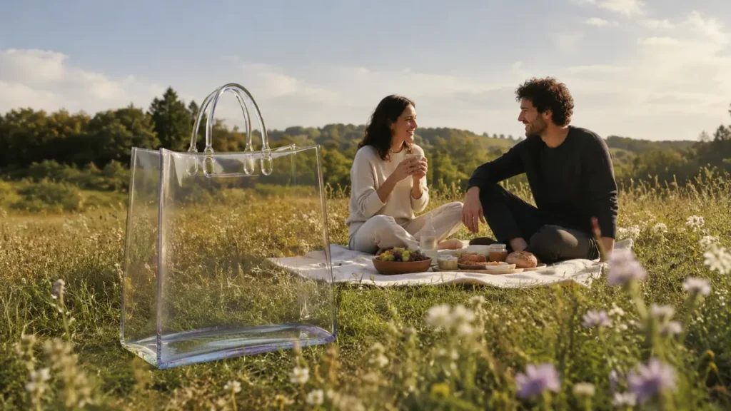 An empty transparent shopping bag stands beside friends sharing a picnic, contrasting possessions with experiences.