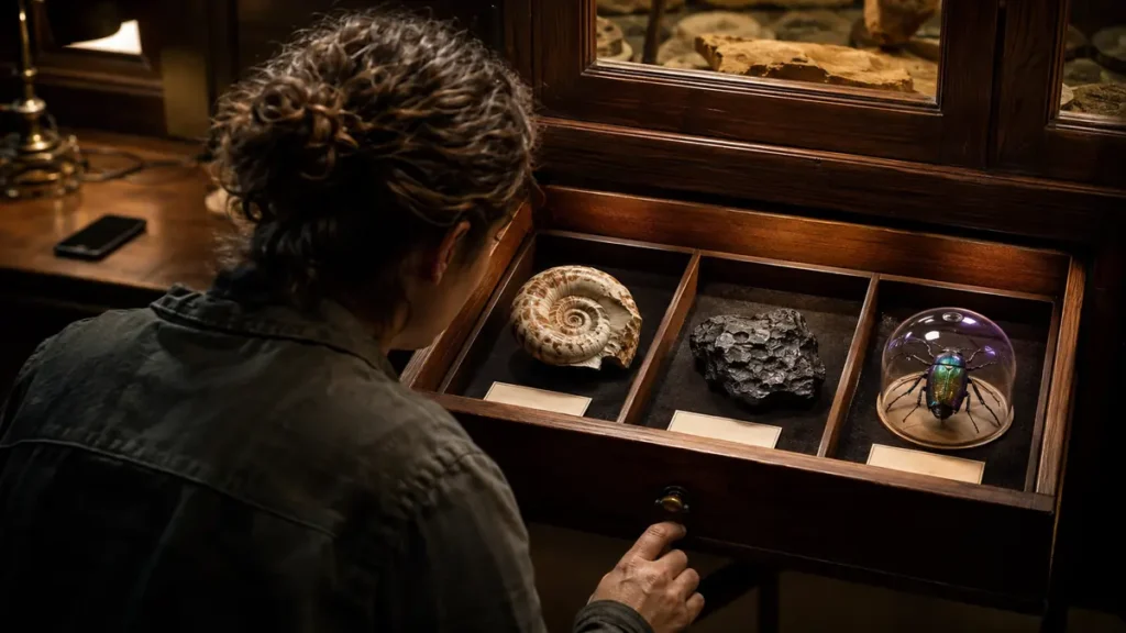 A curious visitor opens a museum drawer holding a shell, meteorite and insect, choosing discovery over scrolling.