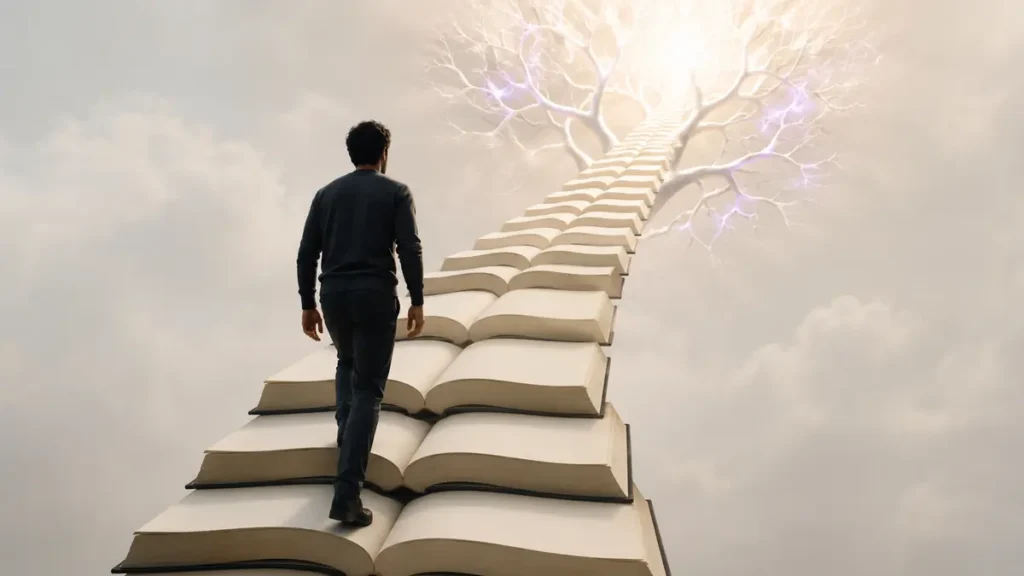 An adult climbs blank open books that become luminous neural branches, representing intelligence built through challenge.