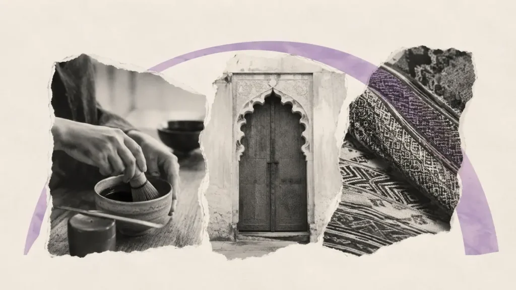 Archival fragments of a tea ritual, carved doorway and woven textile connect beneath a restrained purple arc.