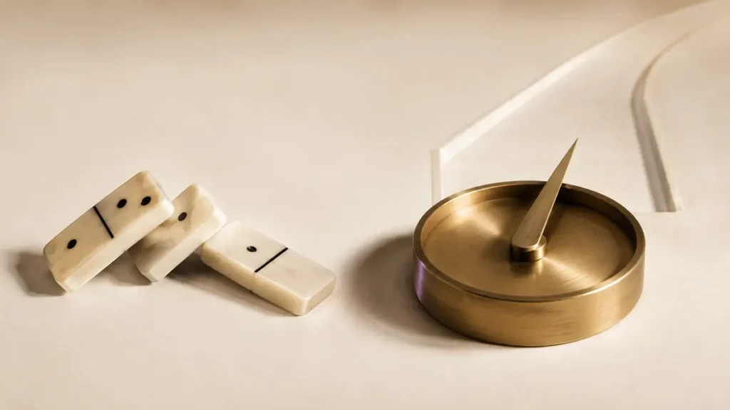 Three fallen ivory dominoes sit opposite an unmarked brass compass, separating causal explanation from justification.