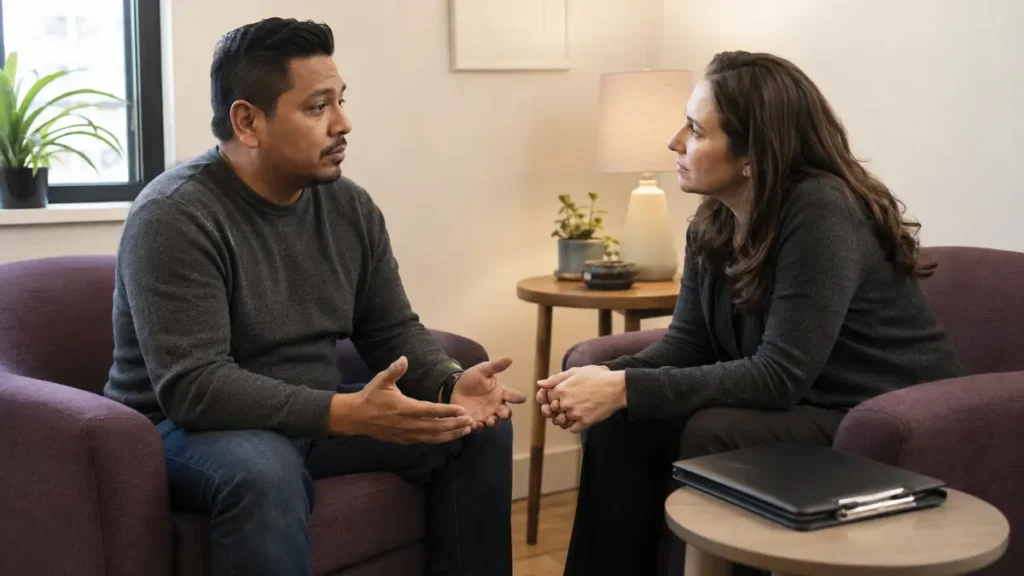 A client speaks while a clinician listens at eye level with a closed clipboard, emphasizing empathetic mental healthcare.