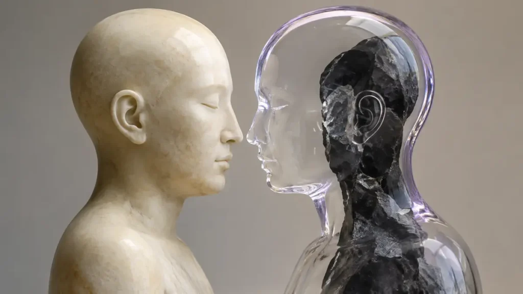 An ivory head faces a transparent glass head with a hidden charcoal core, revealing unspoken cynicism between friends.