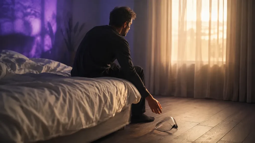 Lone adult sits between violet party light and warm dawn, reaching toward a discarded clear mask beside the bed.