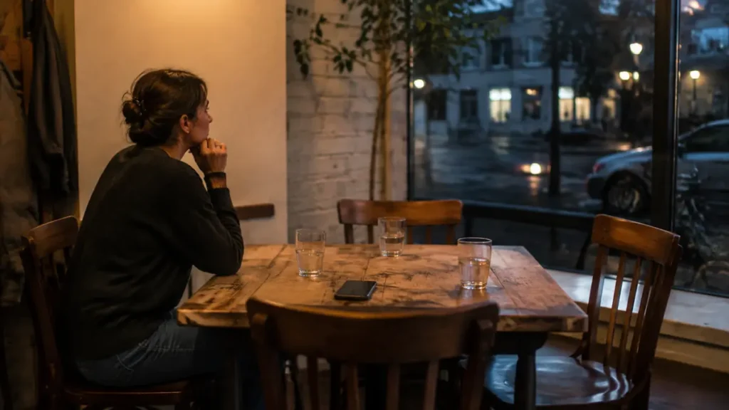 One person waits at a café table set for four, surrounded by empty chairs and a silent phone.