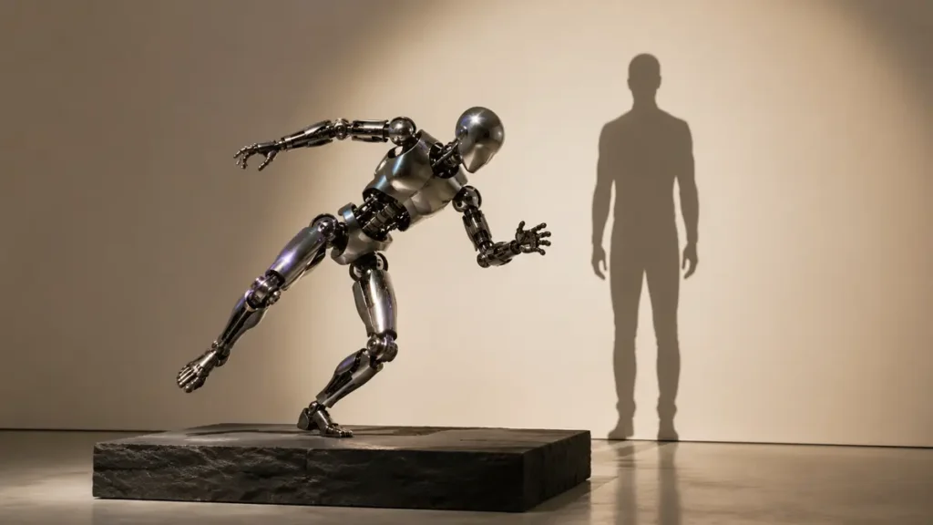 Stumbling chrome robot casts an upright human shadow, contrasting machine failure with human reassurance.
