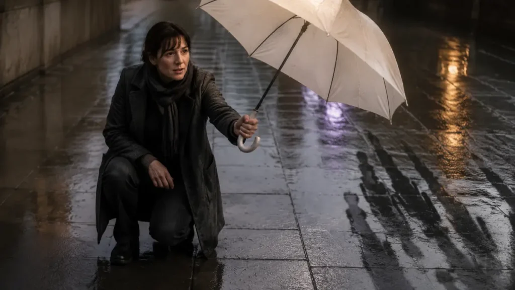 Woman extends an ivory umbrella toward someone unseen as crowd shadows turn away, reflecting judgments about deserving help.