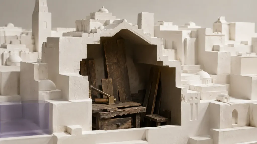 White plaster city surrounds a workshop-shaped void filled with aged wood and tools, evoking lost informal spaces.