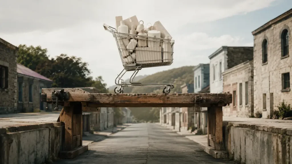 Shopping cart balanced on a worn workbench spanning an empty town street, contrasting consumption with meaningful work.