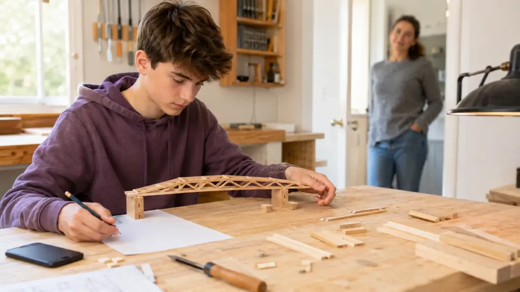 A teenager independently builds a wooden bridge while an adult quietly gives him space.
