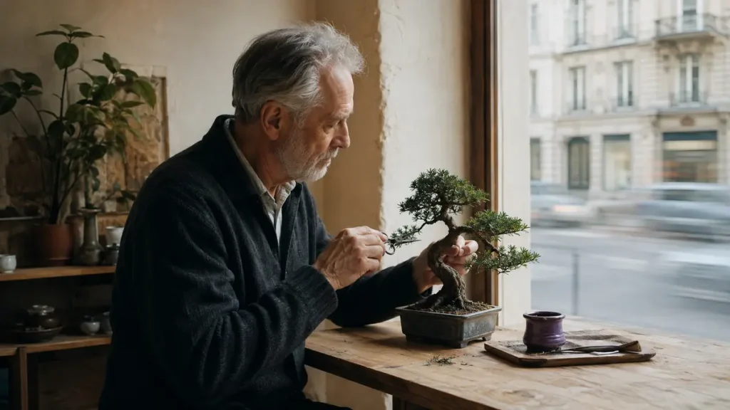 An older man tends a bonsai beside a window as the city moves in a soft blur outside.