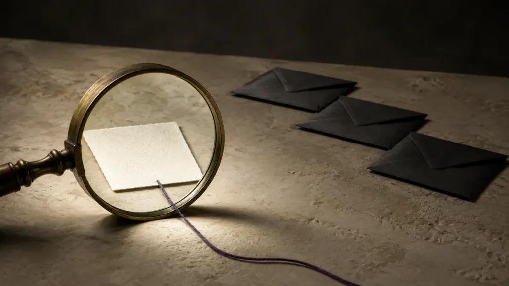 A brass lens isolates one blank ivory square while three charcoal envelopes recede into shadow.