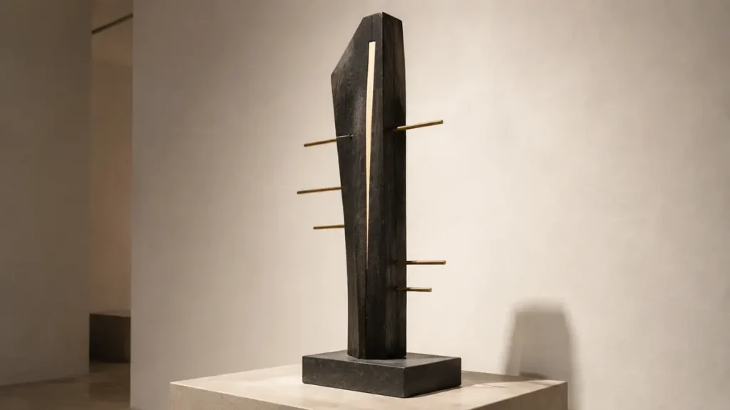 A dark wooden sculpture rises through short brass offshoots, with one ivory line continuing upward.