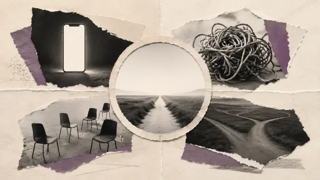 Torn-paper fragments of a phone, tangled thread, chairs and diverging paths surround one clear route.