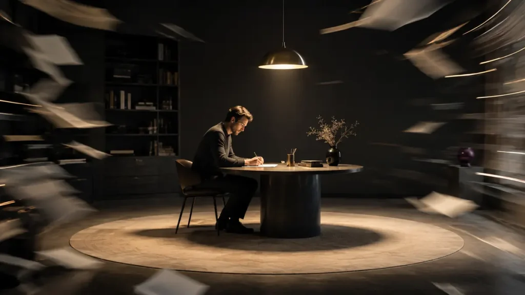 A lone thinker works inside a pool of light as blank papers blur around the dark room.