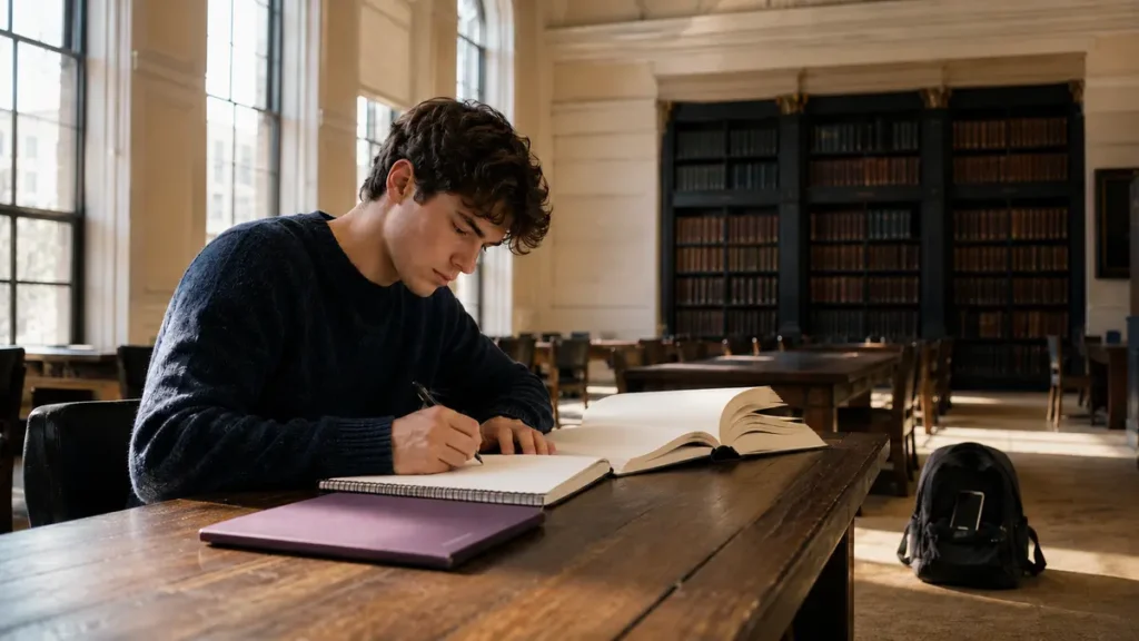 A student studies at a quiet library table with blank books and a phone stored in a backpack.
