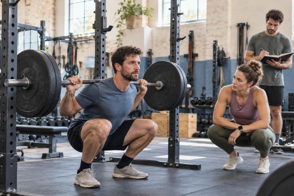 A strength coach observes an athlete performing a controlled barbell squat.