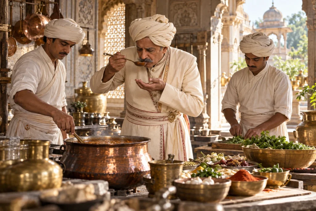 A royal Indian master chef tastes a sauce while two younger cooks prepare ingredients.