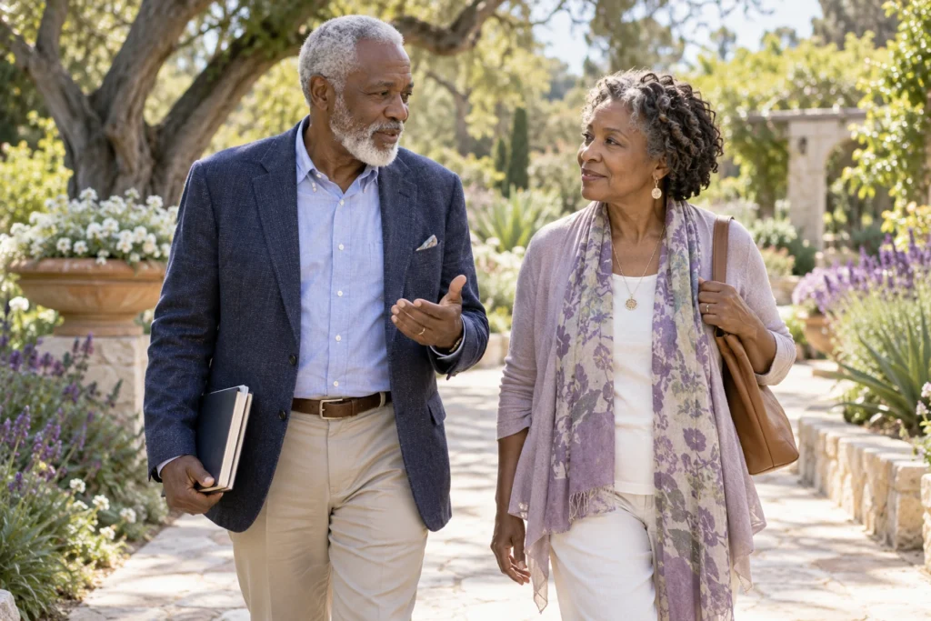 Two older friends discuss life and purpose while walking through a sunlit botanical garden.