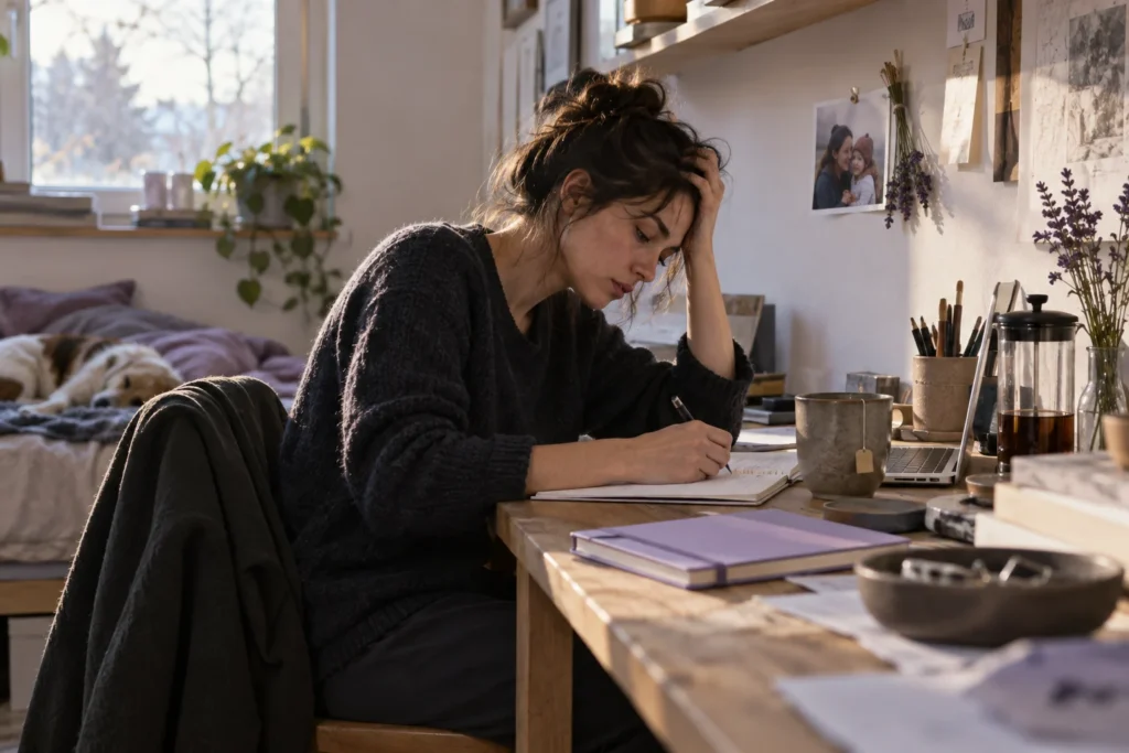 A tired person begins focused work beside a quiet reminder of why the task matters.