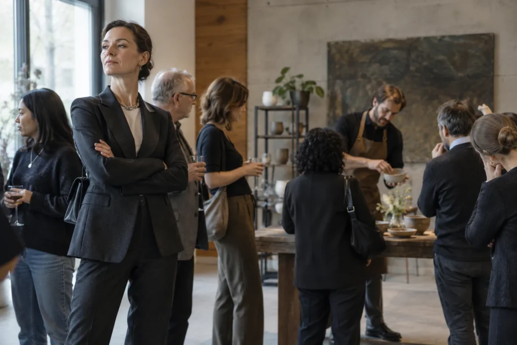 Guests keep their distance from one commanding figure while gathering naturally around a skilled artisan.