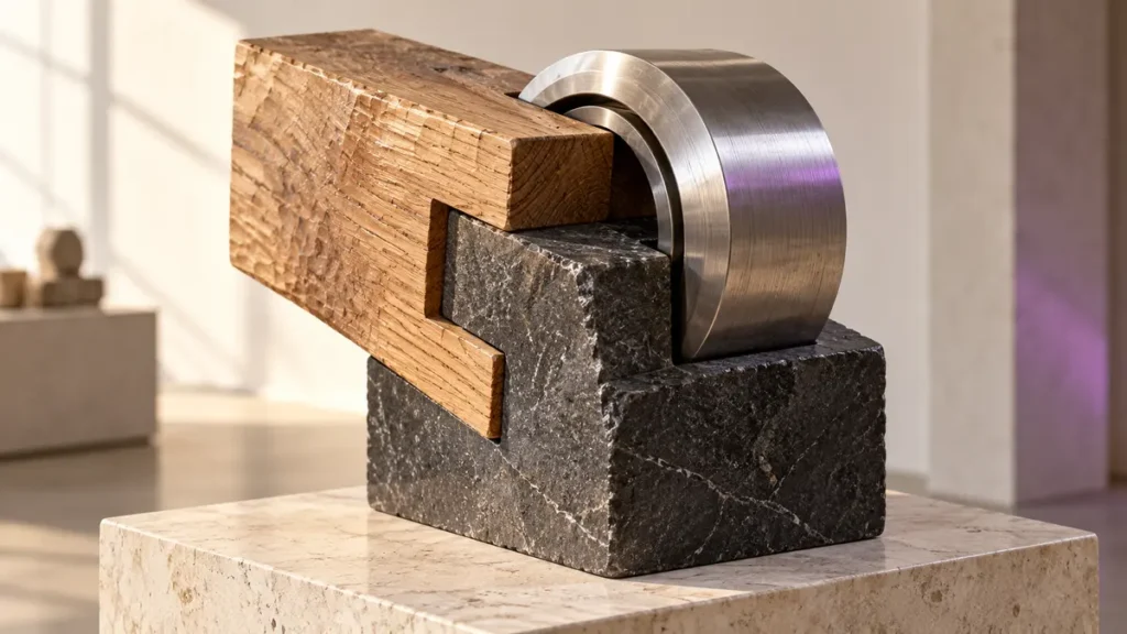 Wood, stone and machined metal interlock precisely, showing how skilled attention learns from material resistance.