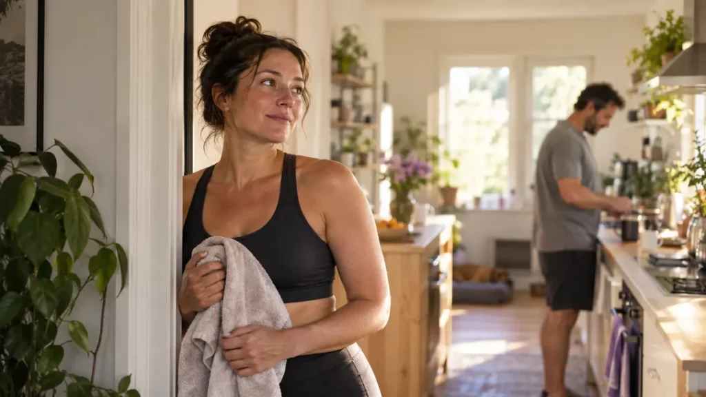 A woman pauses after exercise and looks toward her husband with quiet wonder at their shared everyday life.