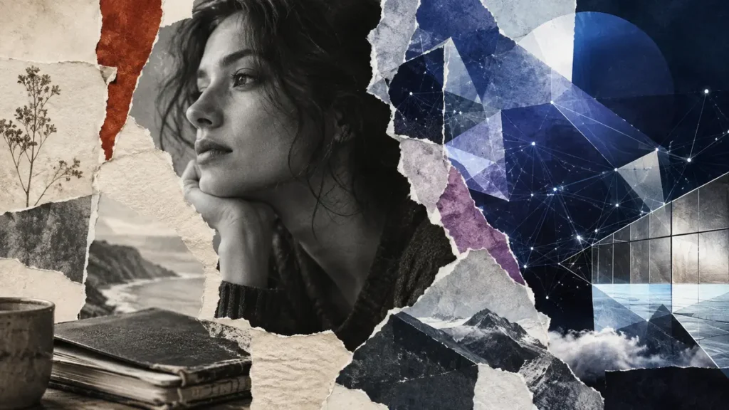 A monochrome memoir portrait overlaps torn cobalt geometry and fragmented paper textures.