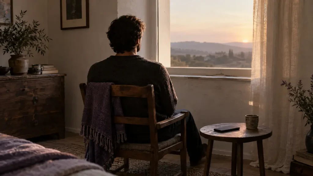 A person sits quietly at dawn beside a face-down phone in a modest room.