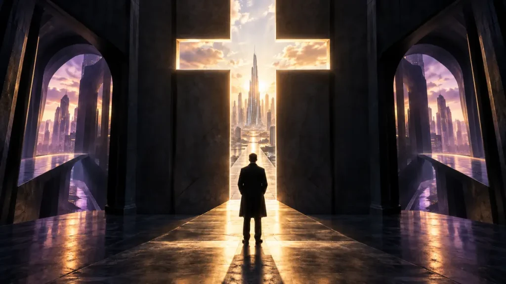A lone figure faces a cross-shaped opening toward a radiant futuristic city.