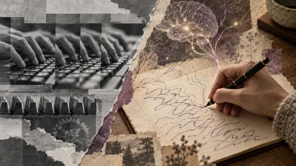 Keyboard fragments give way to a writing hand and branching neural forms, contrasting transcription with deeper learning.