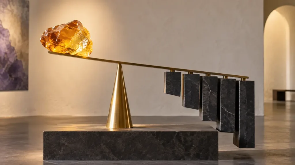 An amber crystal balances against five descending charcoal slabs, weighing brief sweetness against lost functional hours.