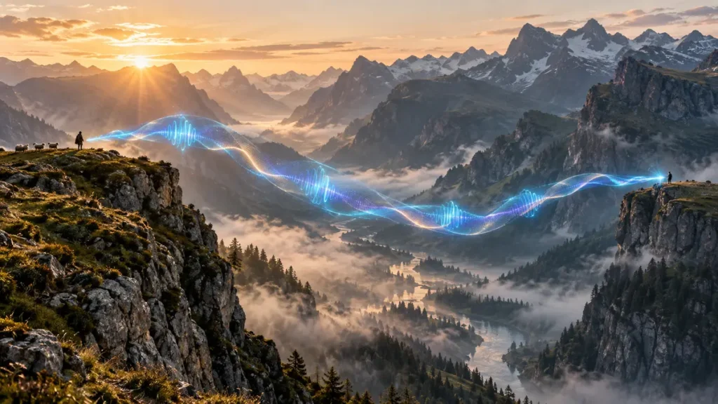 A luminous whistle signal crosses a vast mountain valley between distant speakers, showing language adapted to terrain.