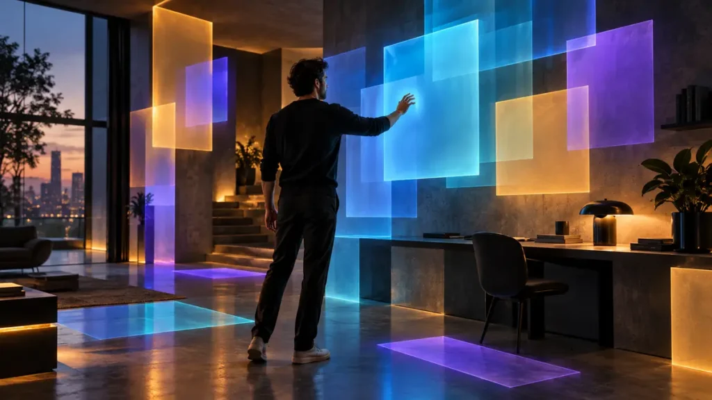 A man navigates luminous planes throughout a room, showing digital information transformed into spatial architecture.