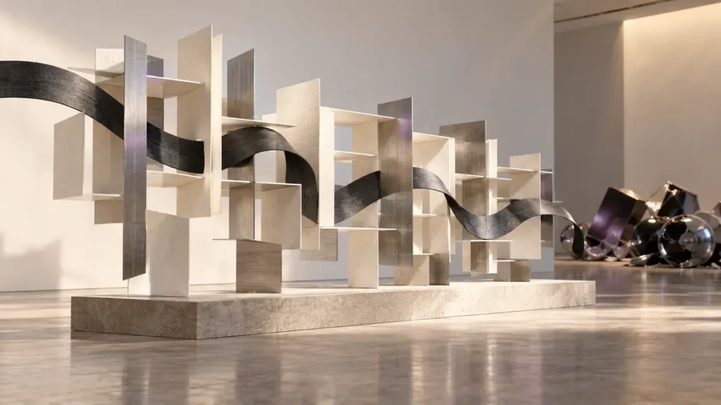 A charcoal ribbon threads through layered paper and metal planes, symbolizing the durability and flexibility of text.