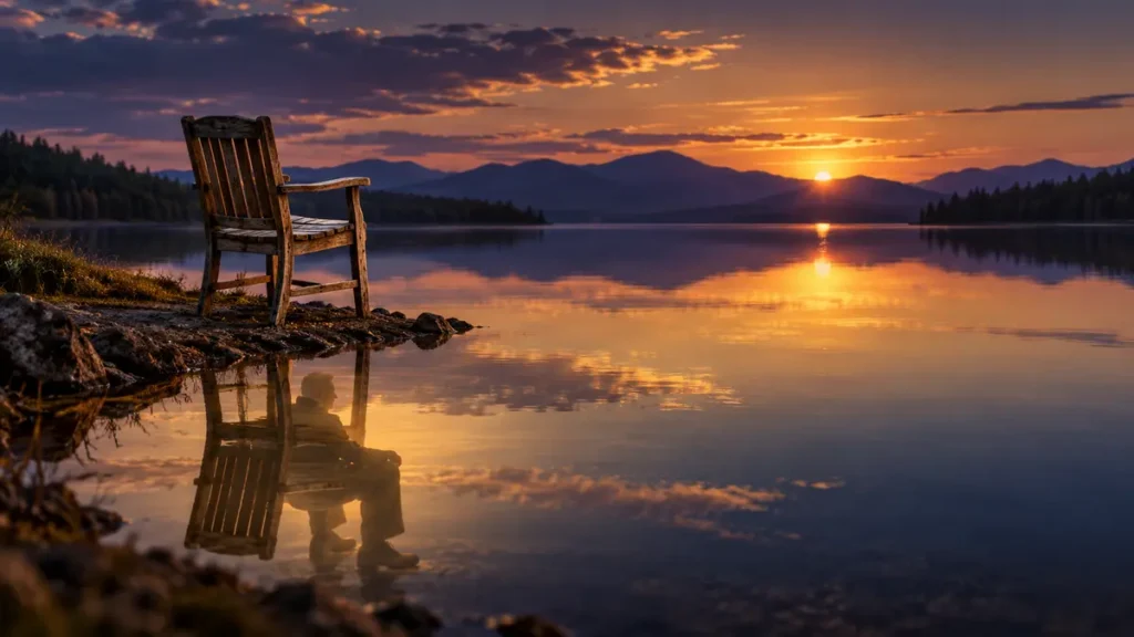 An empty lakeside chair reflects an absent loved one, evoking memory, grief, and enduring character.