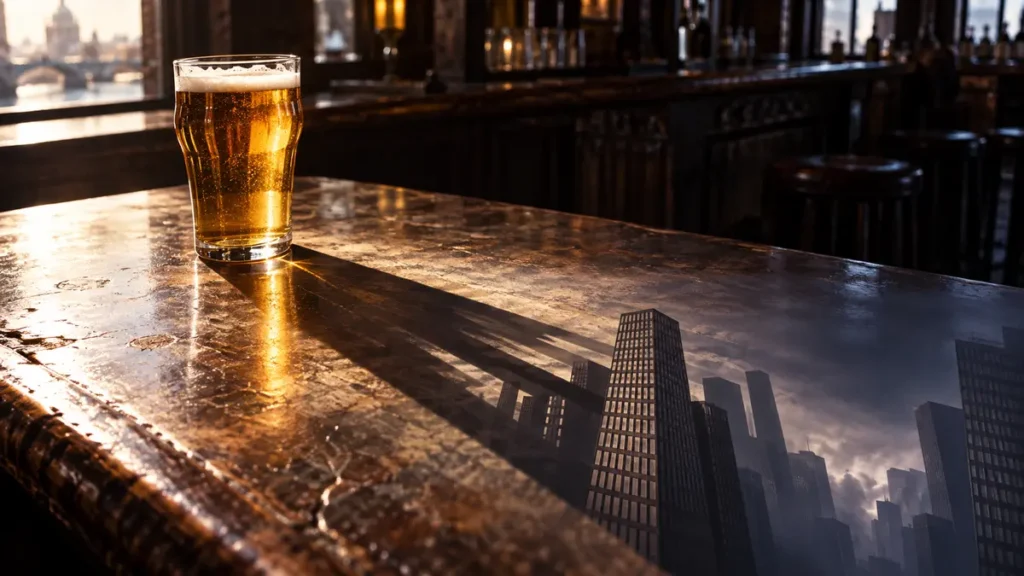 A beer on a worn bar casts an impossible shadow that becomes a rigid corporate skyline.