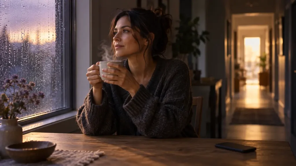 A woman holds a warm cup by a rainy window, absorbed in the present while a distant corridor waits.